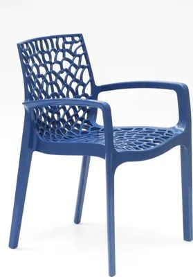A blue plastic chair with a web-like design on the back and seat, shown against a white background.