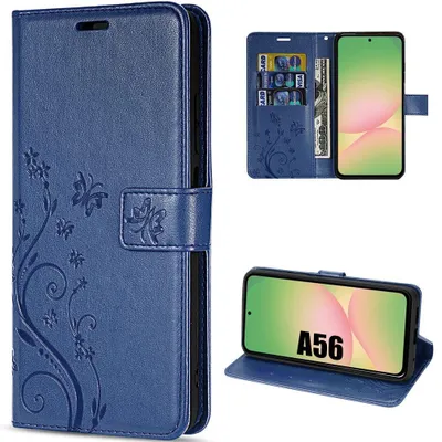 Image de Coque pour Samsung Galaxy A56 5G, Protection Rabat Cuir Synthétique Anti-Rayures Bleu Marine Motif Floral Papillon