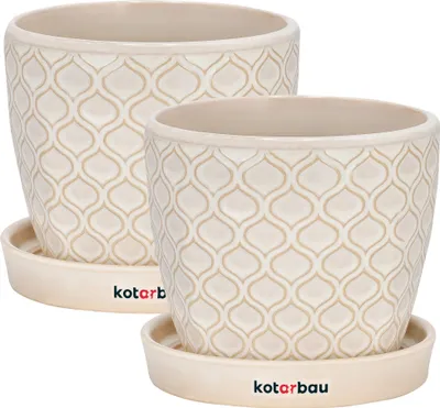 Produktbild von KOTARBAU® 2er Set Keramik Blumentopf Übertopf für Pflanzen ⌀ 12 cm Cremefarben Vintage mit Tropfschale Fischschuppenmuster