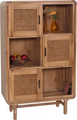 Zdjęcie produktu dla Highboard HWC-M47, komoda szafka kredens, schowki, rattan akacja lite drewno bejcowane 141x90x35cm 32kg