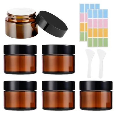 Produktbild von 6 Stück Glastiegel, 50ml Cremedosen zum Befüllen Braunglas Cremetiegel Salbendosen Kosmetik Behälter mit Spatel und Etikett für Damen Mädchen Kosmetik Cremes