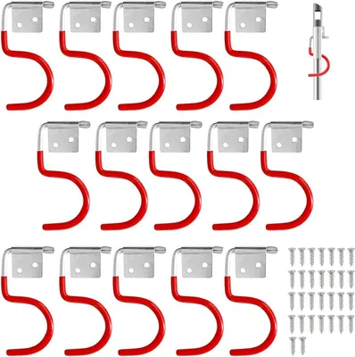 Image de Support pour outils de jardin, crochets métalliques, 15 pièces, crochets rouges, support pour balai, support pour outils, revêtement en caoutchouc, outils de jardin, avec 30 vis