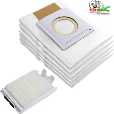 A stack of vacuum cleaner bags and a filter are displayed against a white background.