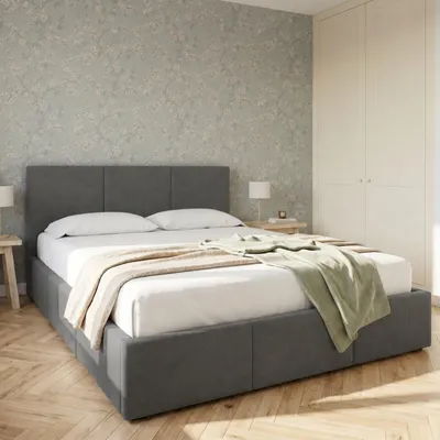 Produktbild von Home Collective Bett Doppelbett Polsterbett Bettgestell mit Lattenrost & Stauraum Bettkasten, Kopfteil mit 3 Paneelen | Samt | 120x200 cm | Aschgrau