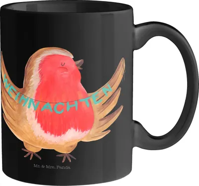 Produktbild von Mr. & Mrs. Panda Becher Rotkehlchen Weihnachten - Schwarz - Geschenk, Teetasse, Kaffeebecher, Frohe, bedruckt, Tasse, Winter, Keramiktasse, Weihnachtsmotiv, Vogel