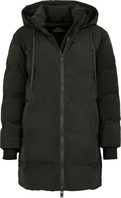 A studio shot of a black puffer coat.