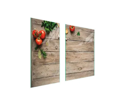 Produktbild von Herdabdeckplatten 2 teilig 75x52 Glaskeramikkochfeld Abdeckung Glas Schneidebrett Holz Tomaten