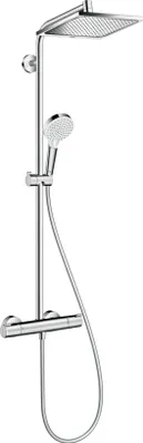A shower system with a rain shower head and a hand shower on a rail, mounted on a wall.