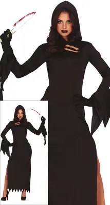 Productafbeelding van Halloween-kostuum: Moorddadige hoodtrui, zwarte lange jurk. Dramatische uitstraling, duistere charme, magische sfeer, griezelige look. Maat: 38 - 40 (M). Kleur: zwart