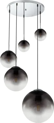A multi-pendant light fixture with five spherical glass shades.