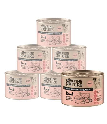Produktbild von Dehner Fine Nature Hundefutter, Nassfutter in Lebensmittelqualität, für ausgewachsene Hunde, Rind, Reis und Zucchini, 6 x 200 g Dose (1.2 kg)
