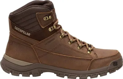 A single brown Caterpillar boot is shown against a white background.
