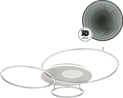 A modern ceiling light with multiple rings and a central light source, shown against a white background. An inset image demonstrates a 3D infinity effect.