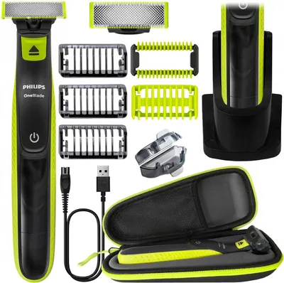 A collection of Philips OneBlade grooming accessories arranged on a white background.