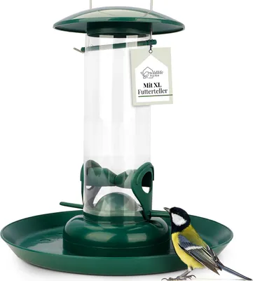 Produktbild von WILDLIFE HOME Körner Futtersäule mit XL Futterteller, Grün I Vogelfutterspender zum Aufhängen Garten & Balkon I Vogelfutterspender, Futterstation zur ganzjährigen Wildvögel Fütterung