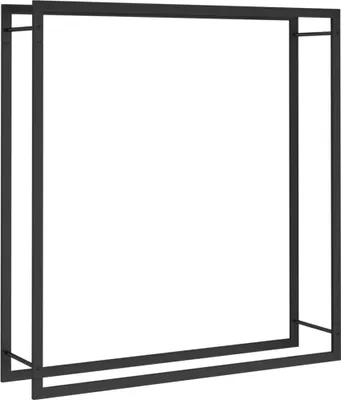 A black metal firewood rack against a white background.