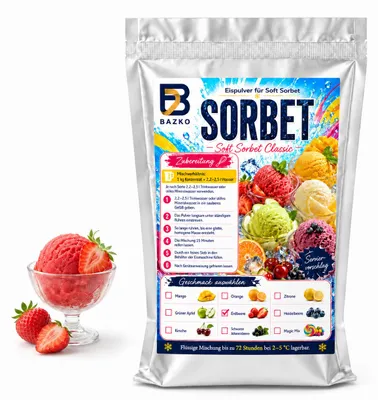 Produktbild von Bazko Erdbeere Eispulver für Eismaschine | 1 kg für ca. 3,5 kg Sorbet, KI-generiertes Bild