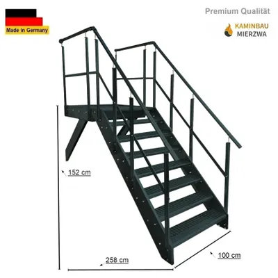Produktbild von Podesttreppe Wangen- Stahltreppe 8 Stufen Höhe 152cm inklusive Podest 100x100cm mit Geländer Anthrazit Ausrichtung Treppe Vorne (Front) Aussentreppe