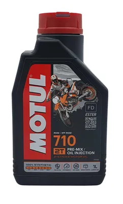 A bottle of Motul 710 2T 1 Liter Pre-Mix/Oil Injection motor oil.