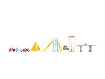 Image de Accessoires peints à la main NOCH, destinés aux figurines pour les décors miniatures au format H0, comprenant une table de ping-pong, un toboggan, une tente et un vélo.