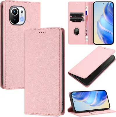 Produktbild von Litchi Leder Handyhülle für Xiaomi Mi 11 Wallet Kartenfächer Standfunktion Hülle Pink
