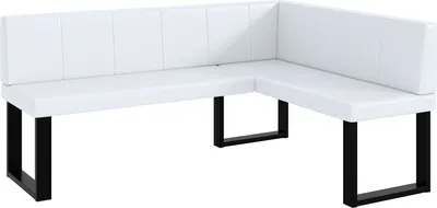 A white corner bench with black legs against a white background.