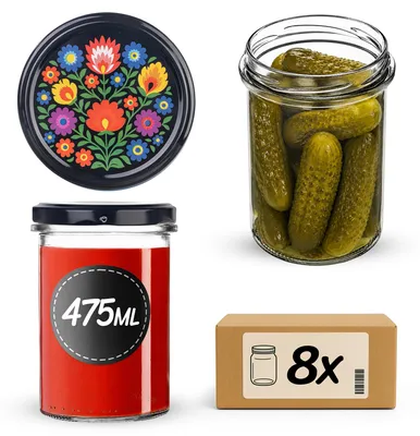 Produktbild von KADAX Einmachgläser 475ml mit Ø 82 mm Schraubdeckel, Marmeladengläser, Schraubgläser zum Einkochen, Einmachen und Aufbewahren von Marmelade & Honig (Schwarze Folklore, 8 Stück)