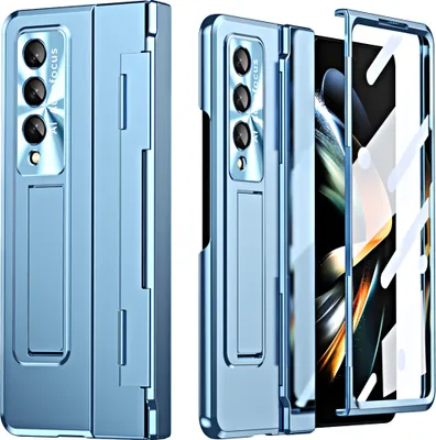 Image de Etui pour Samsung Galaxy Z Fold 4 5G, étui de protection galvanisé de luxe avec support, avec protection de l'écran et de la lentille bleu