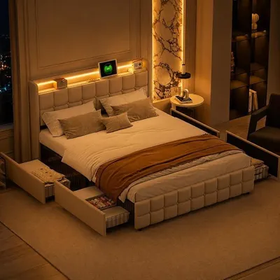 Productafbeelding van Boxspringbed 180x200 met LED-verlichting en USB-aansluitingen, tweepersoonsbed 180x200 met 4 lades en een opbergruimte in het hoofdeinde, bed met opbergruimte en houten lattenbodem, jeugdbed met lades, zonder matras, linnen