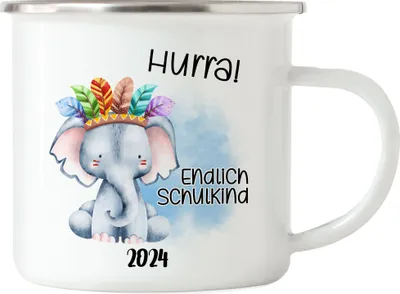 Produktbild von Endlich Schulkind 2024 Elefant Emaille Tasse Schuleinführung Sohn Tochter Geschenk Schulanfang Erstklässler