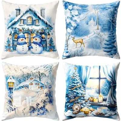 Produktbild von Unyqoos® 4er-Set weihnachtliche Leinen-Kissenhüllen – dekorative Kissenbezüge mit verdecktem Reißverschluss, für Innen & Außen