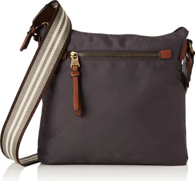 A studio shot of a dark grey crossbody bag with a striped strap.
