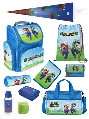 Produktbild von Schulranzen 1. Klasse für Jungen und Mädchen in Blau mit Super Mario Motiv 10tlg. Schultaschen Set mit Sporttasche und Schultüte / Zuckertüte