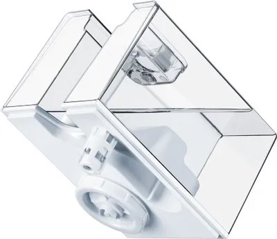 A close-up, angled view of a clear plastic water tank with white components, isolated on a white background.