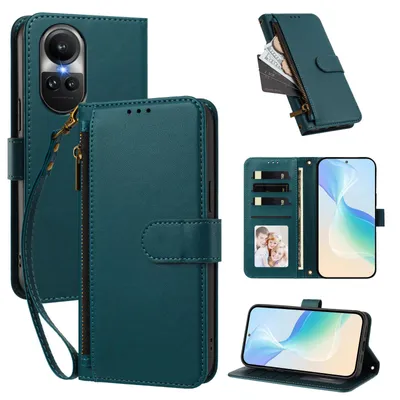 Obrázek produktu pro Peněženkové pouzdro pro Oppo Reno10 /Reno10 Pro 5G,Polyuretankožené pouzdro s přihrádkami na karty, stojánkem a poutkem na ruku Zelená