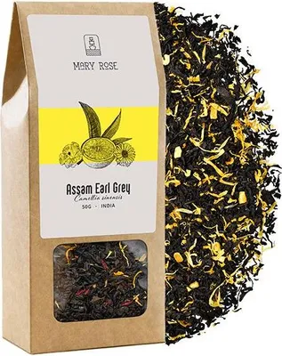 Produktbild von Mary Rose - Schwarzer Tee Assam Earl Grey 50g - mit Bergamottöl, Orangenschale, Hibiskus - Intensiver Geschmack - Belebend, Entspannend - Indien