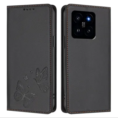 Obrázek produktu pro Kožené pouzdro pro Xiaomi 14, motýlí ražbou, peněženkové flip pouzdro se stojánkem Černá