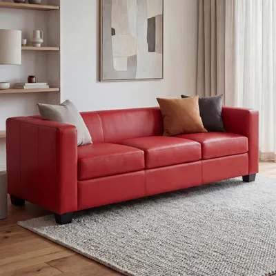 A red sofa in a living room setting with decorative pillows and a rug.