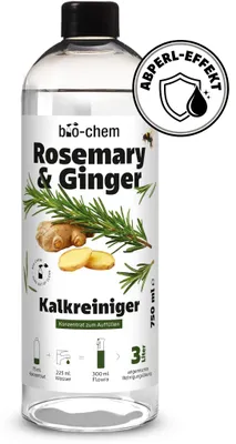 Produktbild von bio-chem Rosemary & Ginger Kalkreiniger Konzentrat | Badreiniger gegen Kalk & Wasserflecken für Bad, Dusche & Armaturen | Duftkomposition Rosemary & Ginger | 750 ml Reinigungskonzentrat bis zu 3 Liter