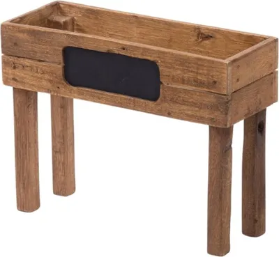 A wooden planter box with legs and a chalkboard insert, shown against a white background.