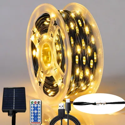 Solar-Lichtsnoer, 300 LEDs, schwarz, für Innenräume
