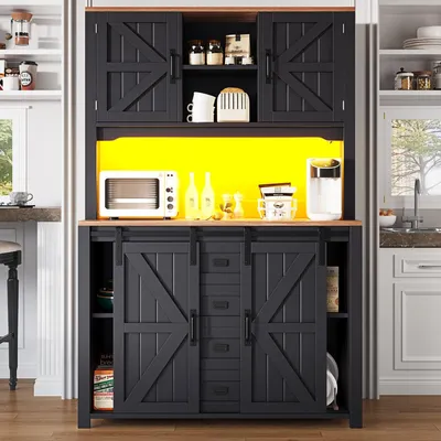 Immagine prodotto di Mobiletto da cucina alto 115x40x174,7 cm nero con illuminazione a LED, ante scorrevoli X-design, 2 cassetti e sportelli magnetici