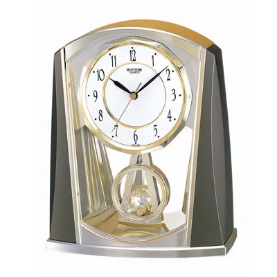 Image de Rhythm 7772/9 Horloge de bureau à quartz avec pendule Slow-Motion, gris métal et or