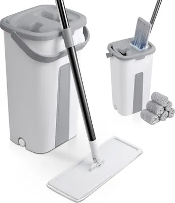 Produktbild von VOUNOT® Bodenwischer Wischmopp Set mit Eimer, 6 Wiederverwendbare Wischmop Ersatzbezüge Weiß