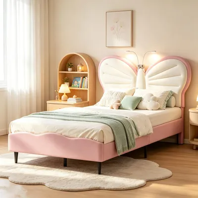 Immagine prodotto di Letto per bambini INONEFT, imbottito, 90x200 cm, con lampada da lettura, letto singolo con poggiatesta regolabile e rete a doghe, letto per ragazzi e ragazze, in velluto, colore rosa