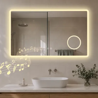 Image de S'AFIELINA Miroir salle de bain LED avec Bluetooth 5.3, 100 × 60 cm, Miroir grossissant 3×, antibuée, 3 couleurs, intensité réglable, tactile & mémoir