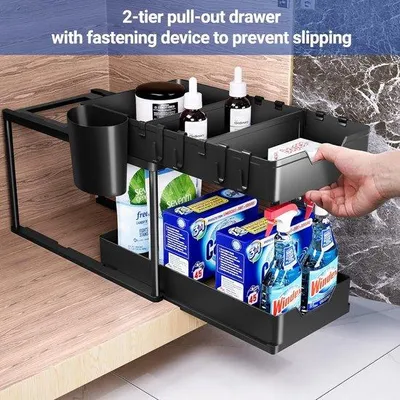 Produktbild von Famanu Küchenorganizer Set von 2 - Doppelte Schublade - Multifunktionale Schublanken - Unter der Spüle - Badezimmerregal - Schwarz