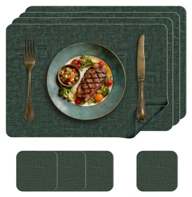 Immagine prodotto di Set di 4 sottopiatti e sottobicchieri lavabili in ecopelle, color verde, dimensioni 43 x 30 cm