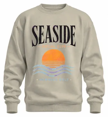 Imagen del producto de Sudadera con cuello redondo estilo retro, diseño "Océano" de la colección "Sunset Beach" para miembros del Seaside Social Club, color natural, talla S