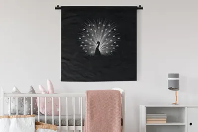 Produktbild von MuchoWow® Wandteppich Wandbehang Pfau - Schwarz - Weiß 90x90 cm Tapisserie Dekoration Wandtuch - Wandaufhänger